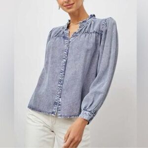 Rails Women's Camille Sapphire Ruffle Trim Acid Wash Denim Tencel Top Small